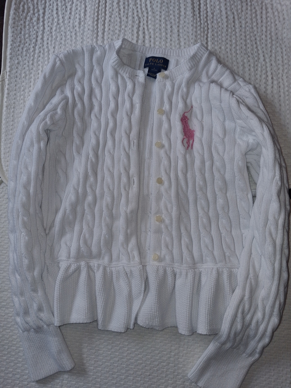 Ralph Lauren White Cable-Knit Ruffle Cardigan with Pink Pony - Girls - Picture 4 of 8